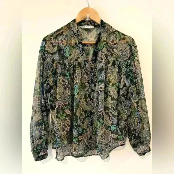 ZARA Floral Sheer Button  Down Collarless Shirt - Picture 4 of 7